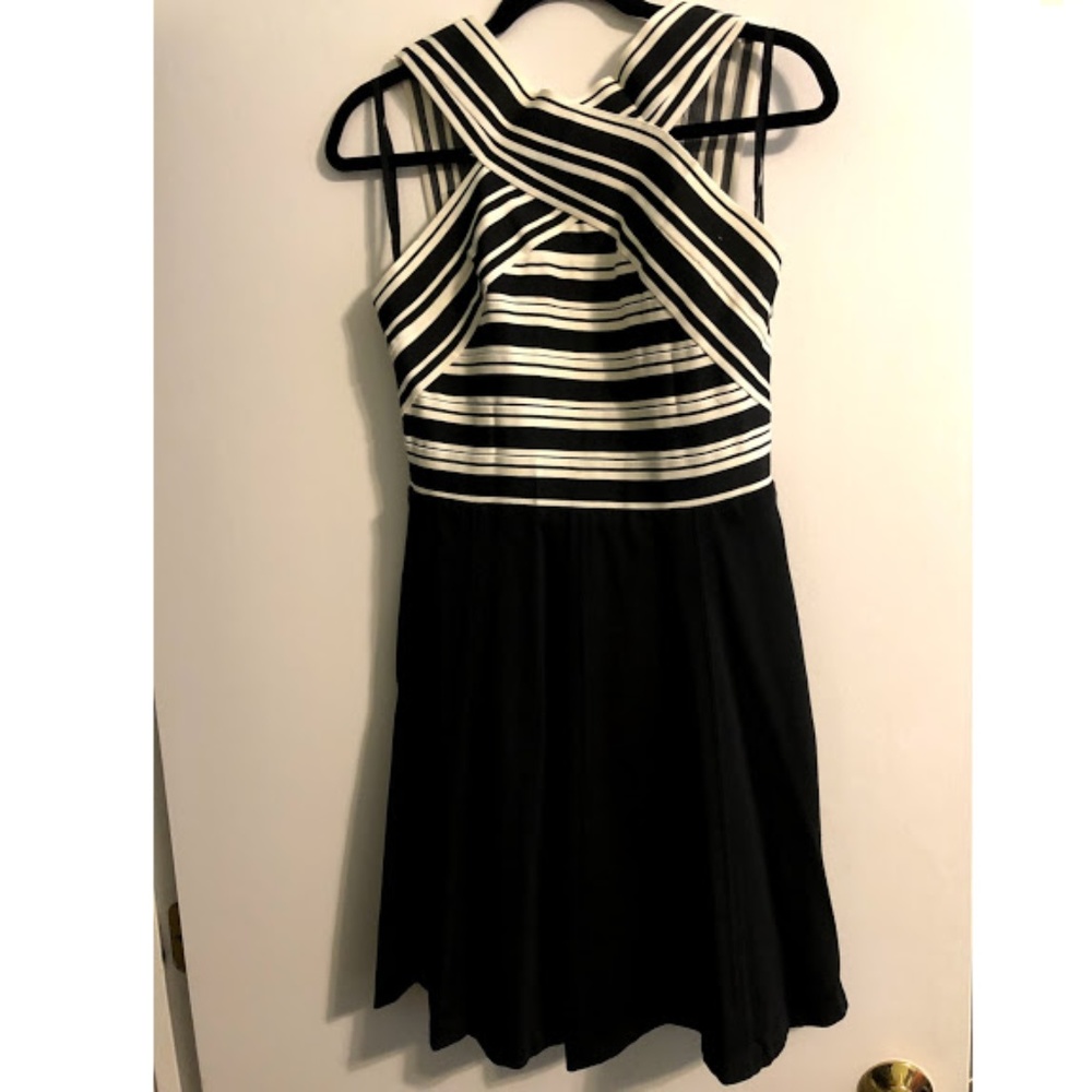 Maeve Anthro Black & White Stripe Crisscross Dress